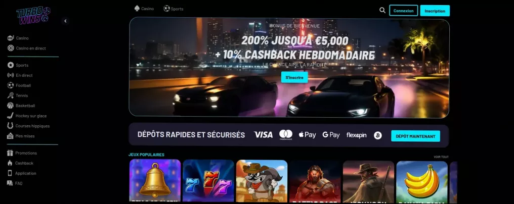 Turbo wins casino 200% jusqu'à €5,000 + 10% Cashback